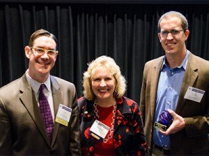 2014 Patrick Jackson Award recipient Jason Alexander (right) with Tom Bebbington and Yankee Chapter president Rosemarie Rung.